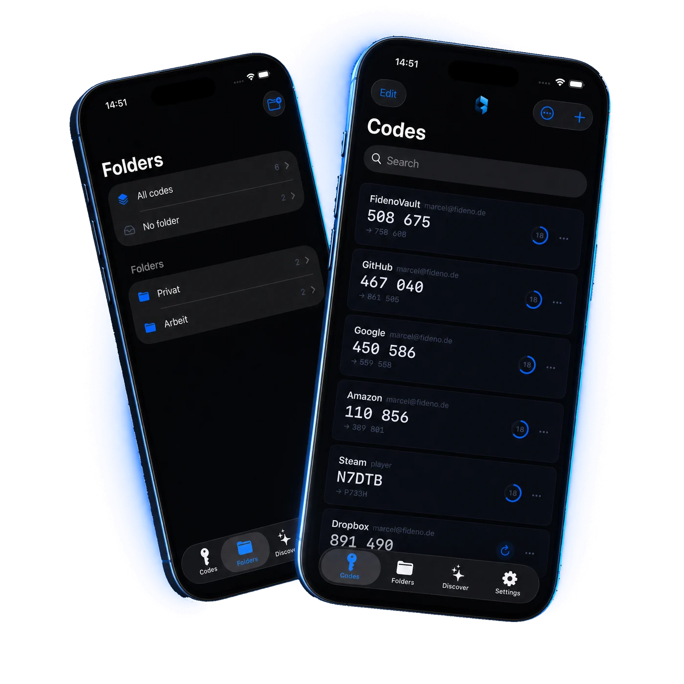 Zwei Smartphones mit der FidenoOTP-App: Ordneransicht und Liste der Einmalcodes