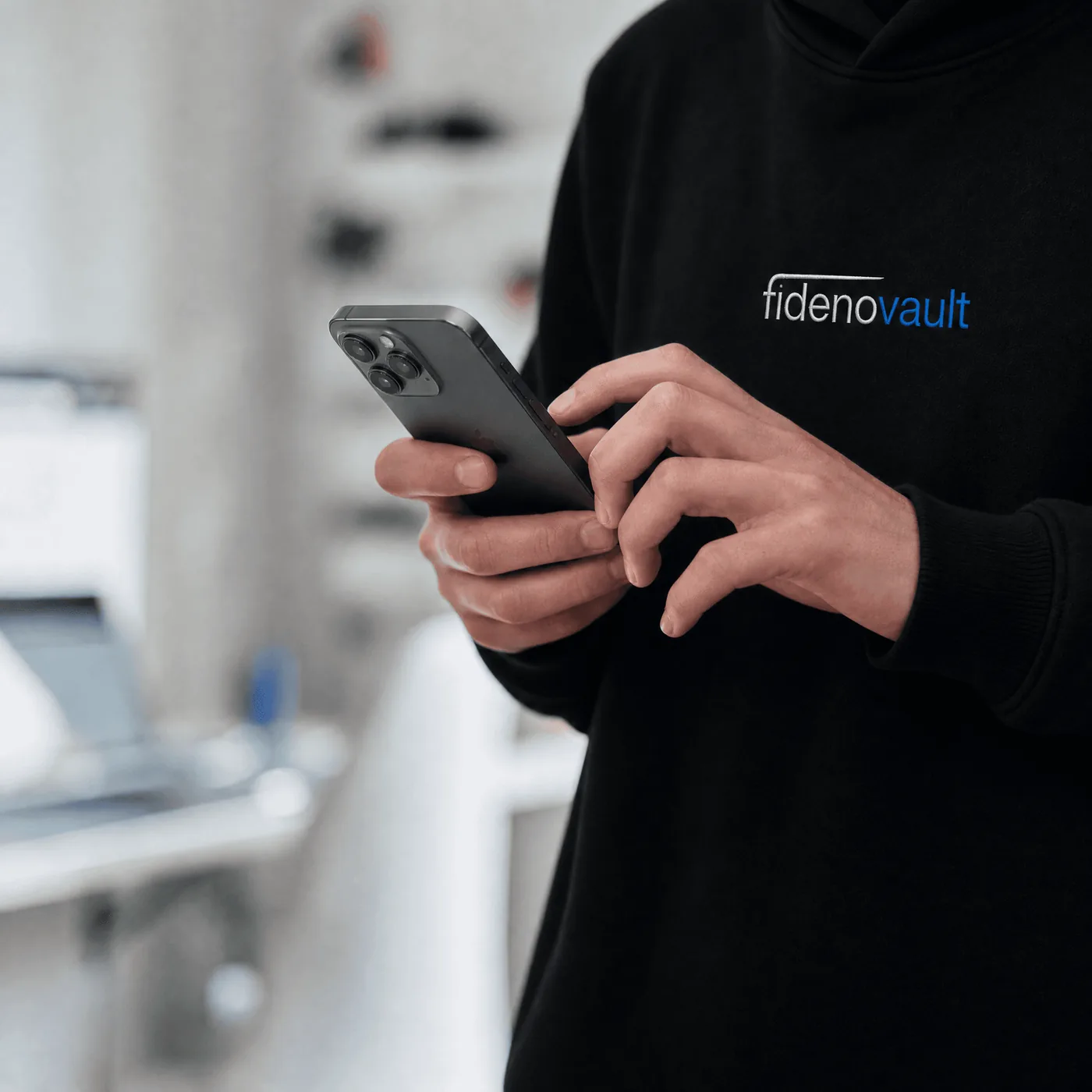 Hand mit Smartphone vor einem Fideno-Pullover