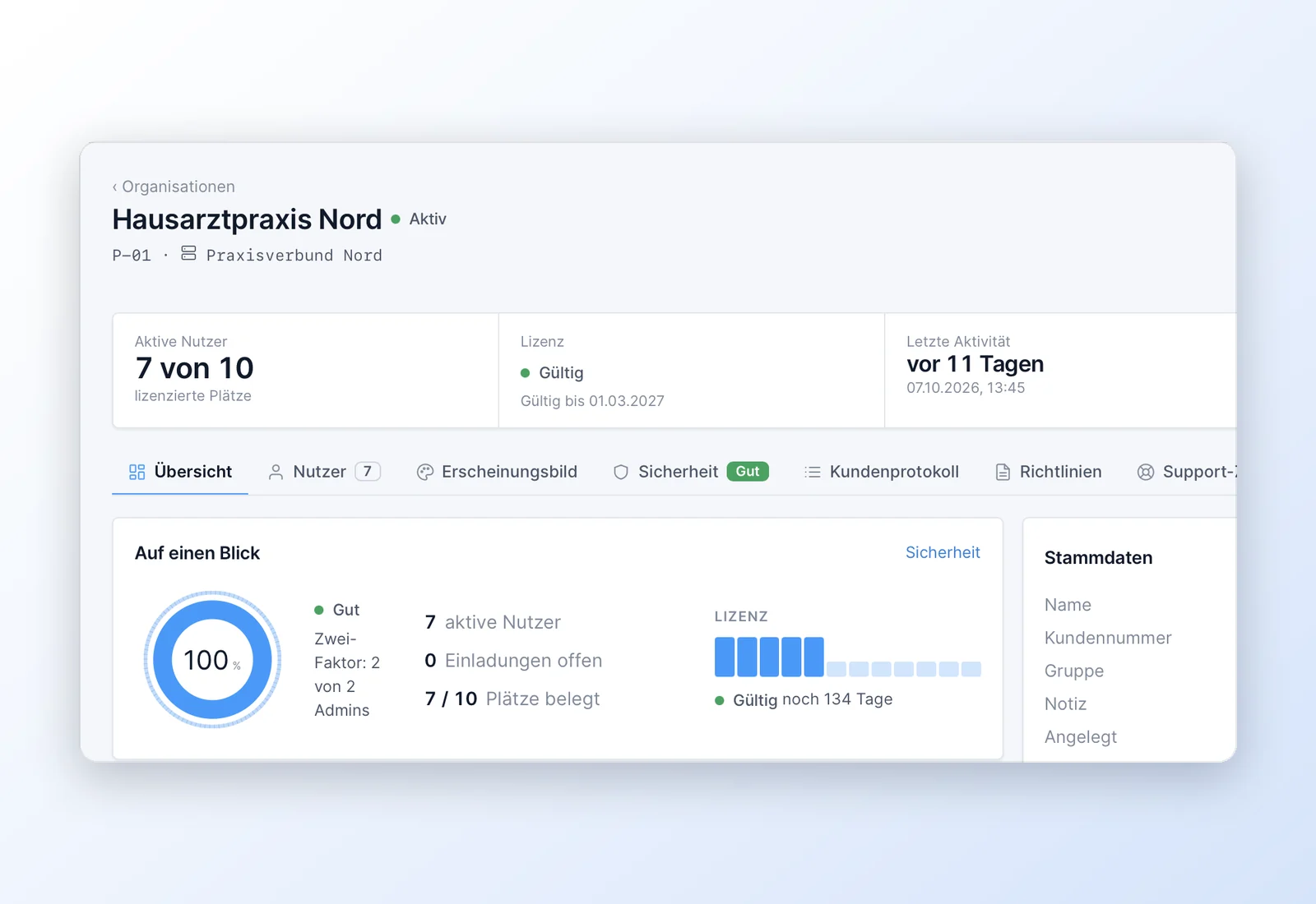 Organisation mit Nutzern, Lizenz und Sicherheitsstand