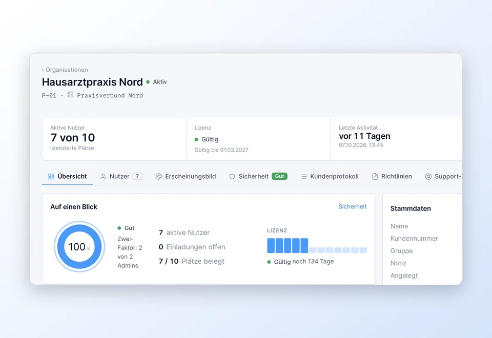 Organisation mit Nutzern, Lizenz und Sicherheitsstand