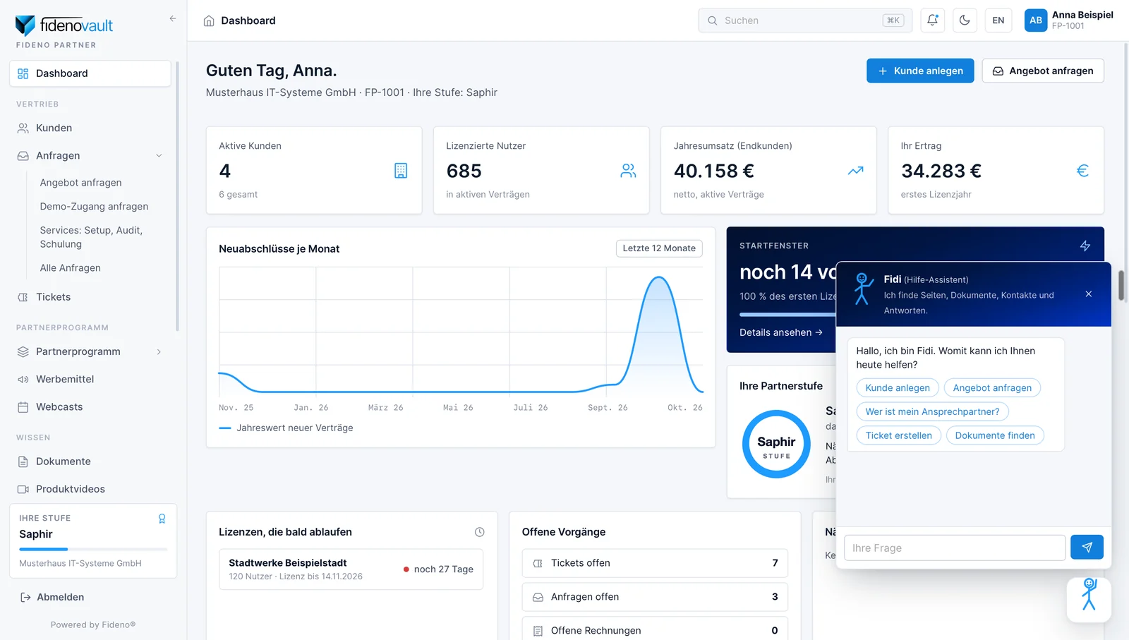 Dashboard des Partnerportals mit aktiven Kunden, lizenzierten Nutzern und Neuabschlüssen