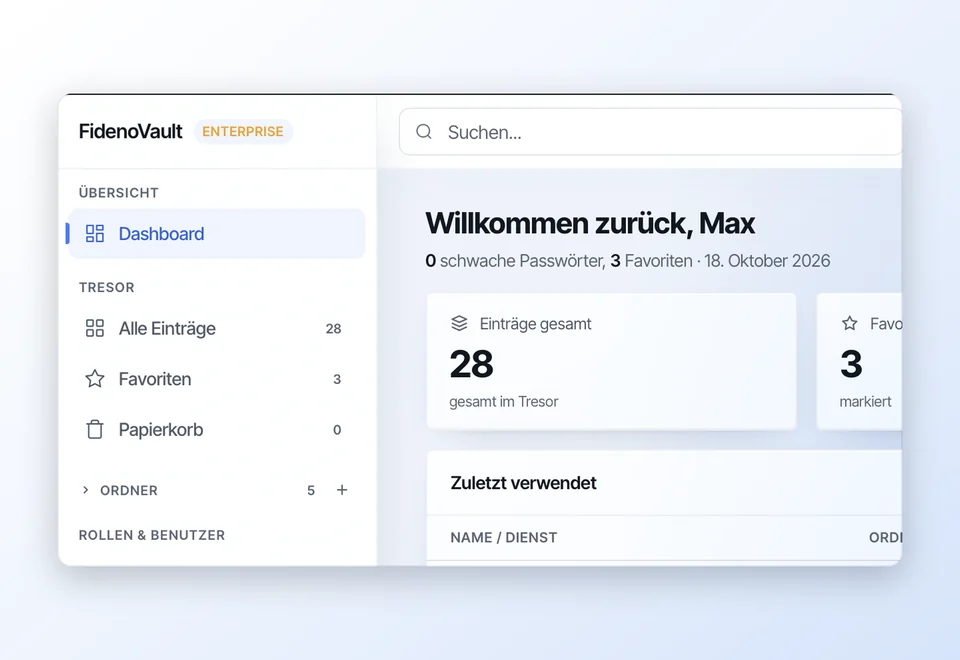FidenoVault Übersicht nach der Anmeldung